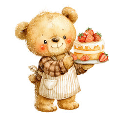 いちごのケーキを持つテディベアの水彩イラスト