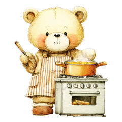 料理をするテディベアの水彩イラスト