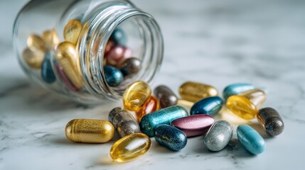 Macro shot of vitamin capsules spilling from glass jar onto white marble surface 