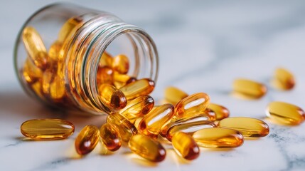 Macro shot of vitamin capsules spilling from glass jar onto white marble surface 
