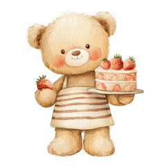 いちごのケーキを持つテディベアの水彩イラスト
