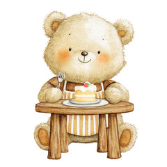 いちごのケーキを食べるテディベアの水彩イラスト