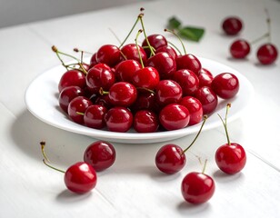 A close-up image showcases a plate of fresh, ripe red cherries scattered on a white wooden table