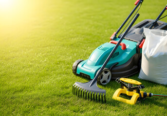 A lawn mower, rake, and bag of fertilizer are sitting on a lush green lawn on a sunny day, ready for lawn care and maintenance