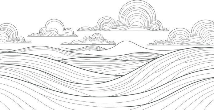 Landscape hills clouds sky horizon nature abstract line art vector drawing