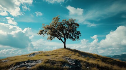 A lone tree stands tall on a grassy hilltop, its branches reaching towards the bright blue sky and fluffy white clouds.