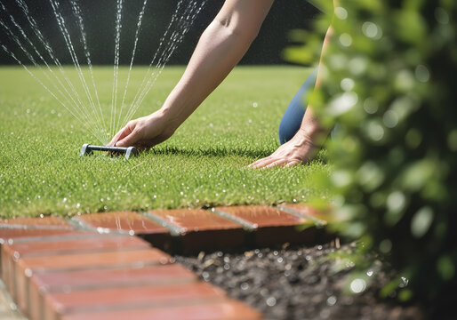 A person adjusting a lawn sprinkler on green grass near a brick border, with water spraying in the background on a sunny day - Powered by Adobe