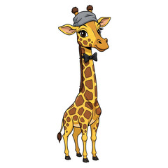 Obraz premium Cartoon giraffe wearing a hat and bow tie, standing upright on a white background.