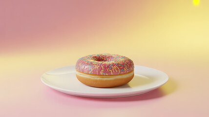 A glazed donut with colorful sprinkles on a white plate against a soft pink and yellow gradient background