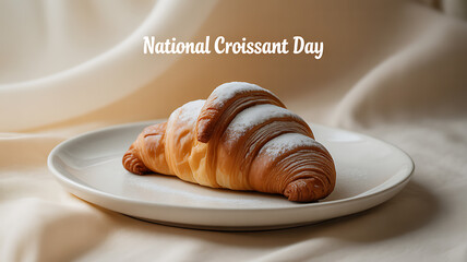 A freshly baked croissant dusted with powdered sugar on a white plate, celebrating National Croissant Day