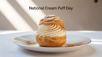 A cream puff with piped vanilla filling on a white plate, celebrating National Cream Puff Day