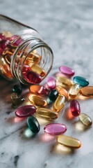 Macro shot of vitamin capsules spilling from glass jar onto white marble surface 