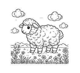 Sheep In Garden- Simple Bold Outline Illustration