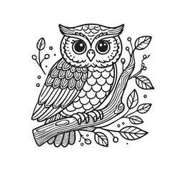 Owl on Branch - Wise Bold Outline Illustration