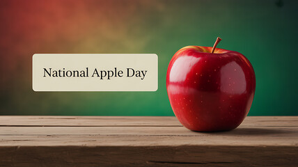 A red apple on a wooden surface with a 'National Apple Day' text overlay against a colorful background