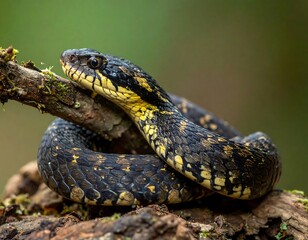 Obraz premium A close-up shot of a non-venomous snake coiled on a moss-covered branch in a forest setting