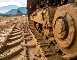 Close-up of muddy tractor tracks
