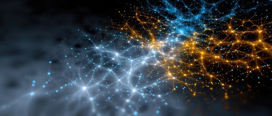 galaxy dark matter expansion concept. Abstract network of interconnected glowing nodes and lines.