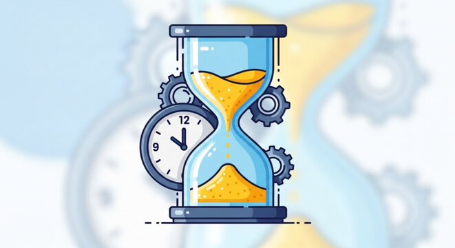 An hourglass with gears and a clock, representing time management, deadlines, and the importance of punctuality and efficiency