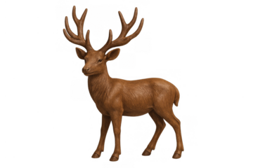 Brown stag deer with big antlers standing on a transparent background. Animal isolated, symbolizing nature and power