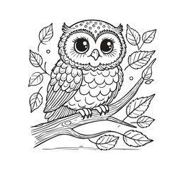 Wise Owl on Branch Coloring Page with Simple Bold Outline