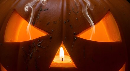 A close-up of a glowing jack-o&rsquo;-lantern with carved triangular eyes and smoky candlelight, symbolizing Halloween night