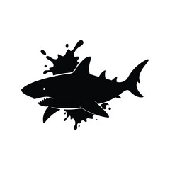 A striking black shark silhouette emerging amidst a splash of abstract ink, shark with tail splash silhouette vector illustration