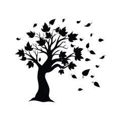 Naklejka premium Silhouette of a tree losing its leaves in a strong wind, tree shedding leaves in autumn silhouette vector illustration