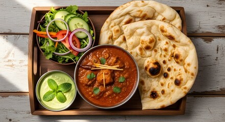 Naan with Curry Bowl and Salad on Rustic Wooden Tray