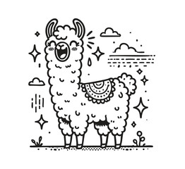 Happy Llama Standing in Simple Bold Outline Style