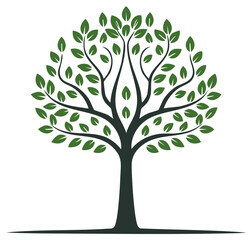 Lush green leaves on a strong, stylized tree with elegant branches, depicting nature, growth, and environmental sustainability.