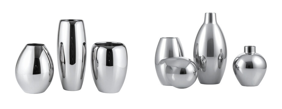 Set of Minimal 3D Silver Vases Set PNG