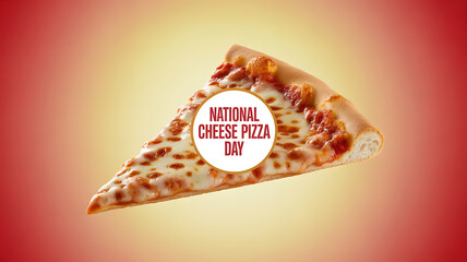 A slice of cheese pizza with melted cheese and a golden crust, featuring a label for National Cheese Pizza Day against a warm gradient background.