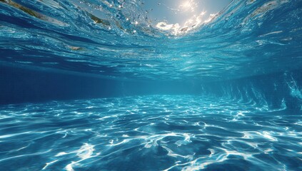 Underwater view of a pool. Sunlight streams through the water