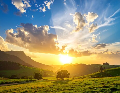 Vibrant sunset over rolling hills, illuminating clouds with golden light