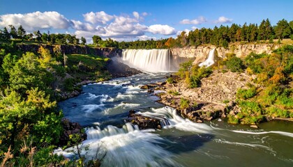 Fototapeta premium Cascade waterfall, lush greenery, river rapids