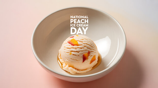 A scoop of peach ice cream in a white bowl on a pastel background with text celebrating National Peach Ice Cream Day - Powered by Adobe