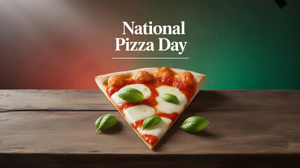A slice of pizza with fresh basil and mozzarella on a wooden table, celebrating National Pizza Day