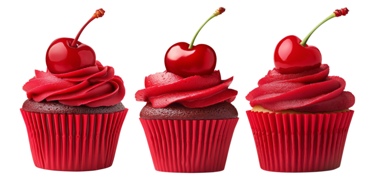 Chocolate cupcake with red frosting and cherry on top, isolated on white background, concept of dessert and sweets
