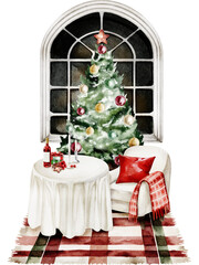 Cozy Christmas interior scene watercolor