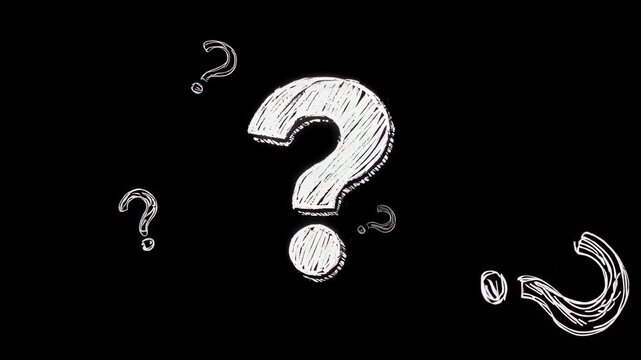 An image featuring chalk-drawn question marks on a stark black background.  Several symbols are dispersed