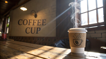 Steaming hot coffee cup on a wooden table in a cozy coffee shop with warm light filtering through a window