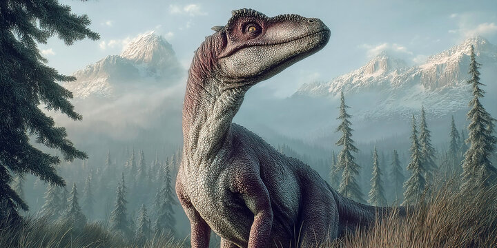 Cryolophosaurus roams the ancient landscape of forests and mountains