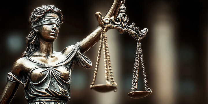 Symbol of blind justice holding scales and sword representing rule of law and fairness