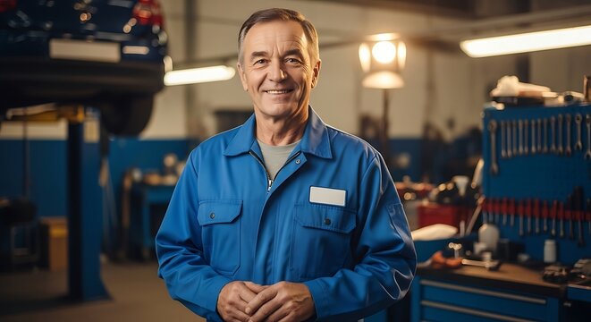 Senior mechanic smiling confidently in a busy auto repair shop