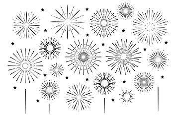 vector black festive fireworks clipart set isolated on transparent background. 