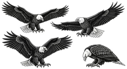 Bald eagles in flight and perched, black and white