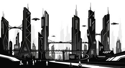 Futuristic cityscape with flying vehicles and elevated roadways © LAILATUS