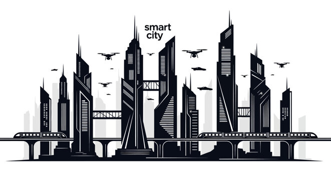 Futuristic smart city skyline with drones and transit