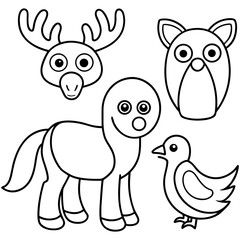 Cute Animal Line Art Collection Simple Outline Wildlife Vector Set Panda, Dolphin, Koala, Eagle, Shark, Deer, Turtle
